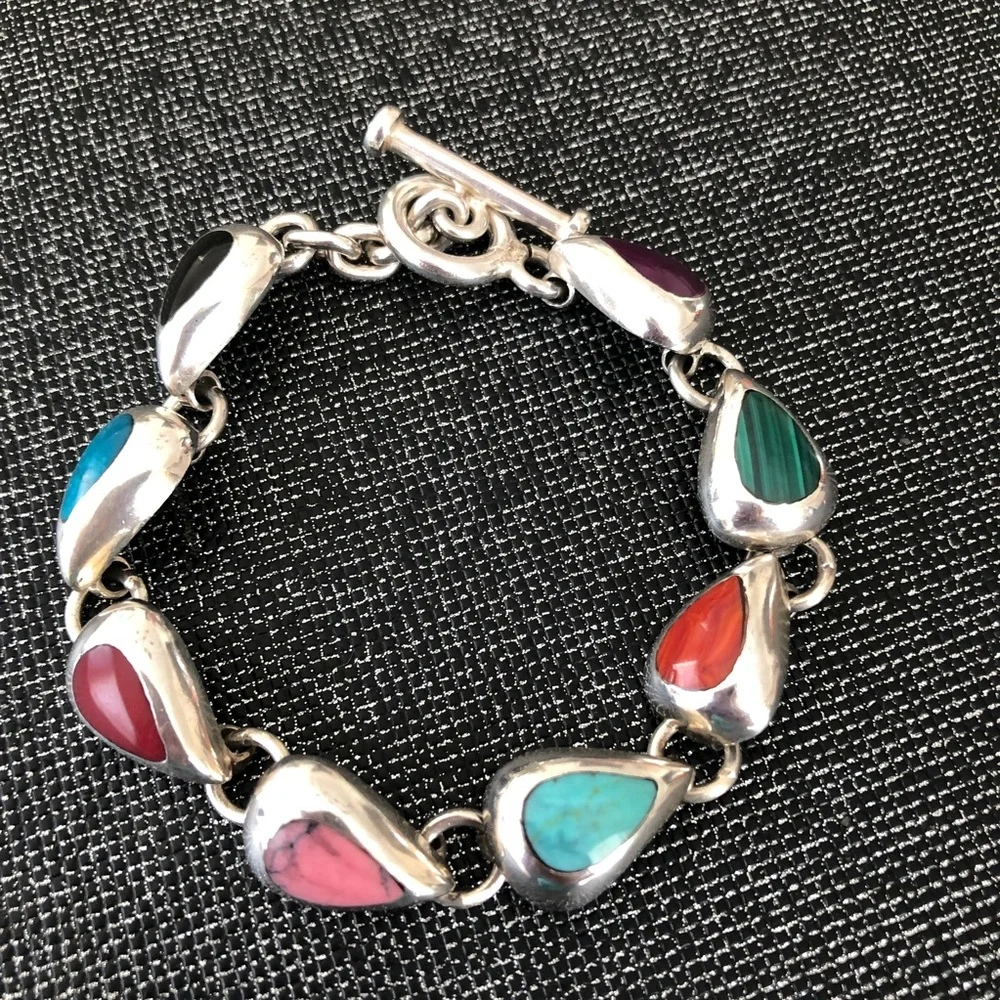 Semi-Precious Stone & Taxco 925 Silver Bracelet 34 grams